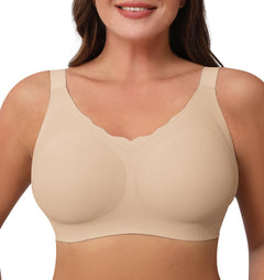 Xcutting Plus Size Bras for Women Comfortable Wireless Bras Seamless Bralettes Soft V Neck Brassiere Scalloped Full Coverage Everyday Bra (NudeLarge)